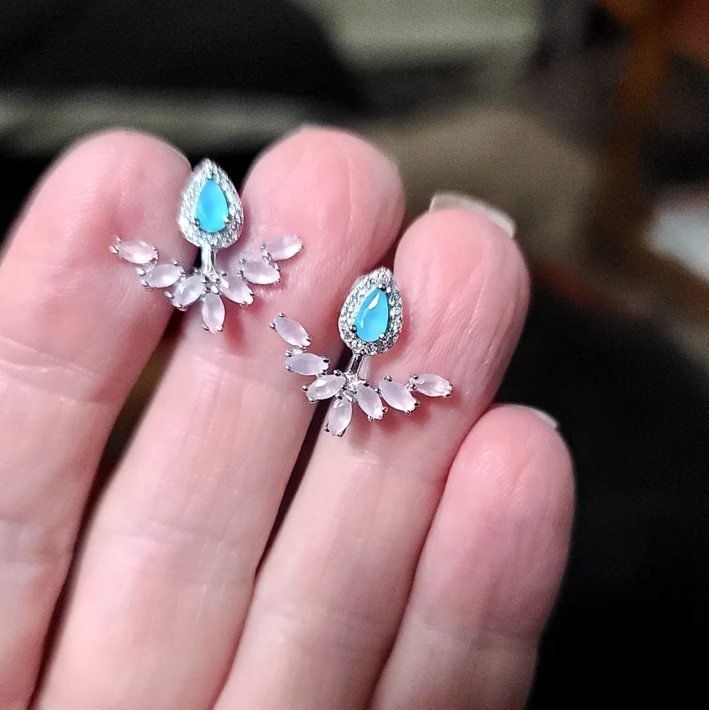 Pink & white Topaz & Aquamarine Sterling ornate earrings - Picture 6 of 7